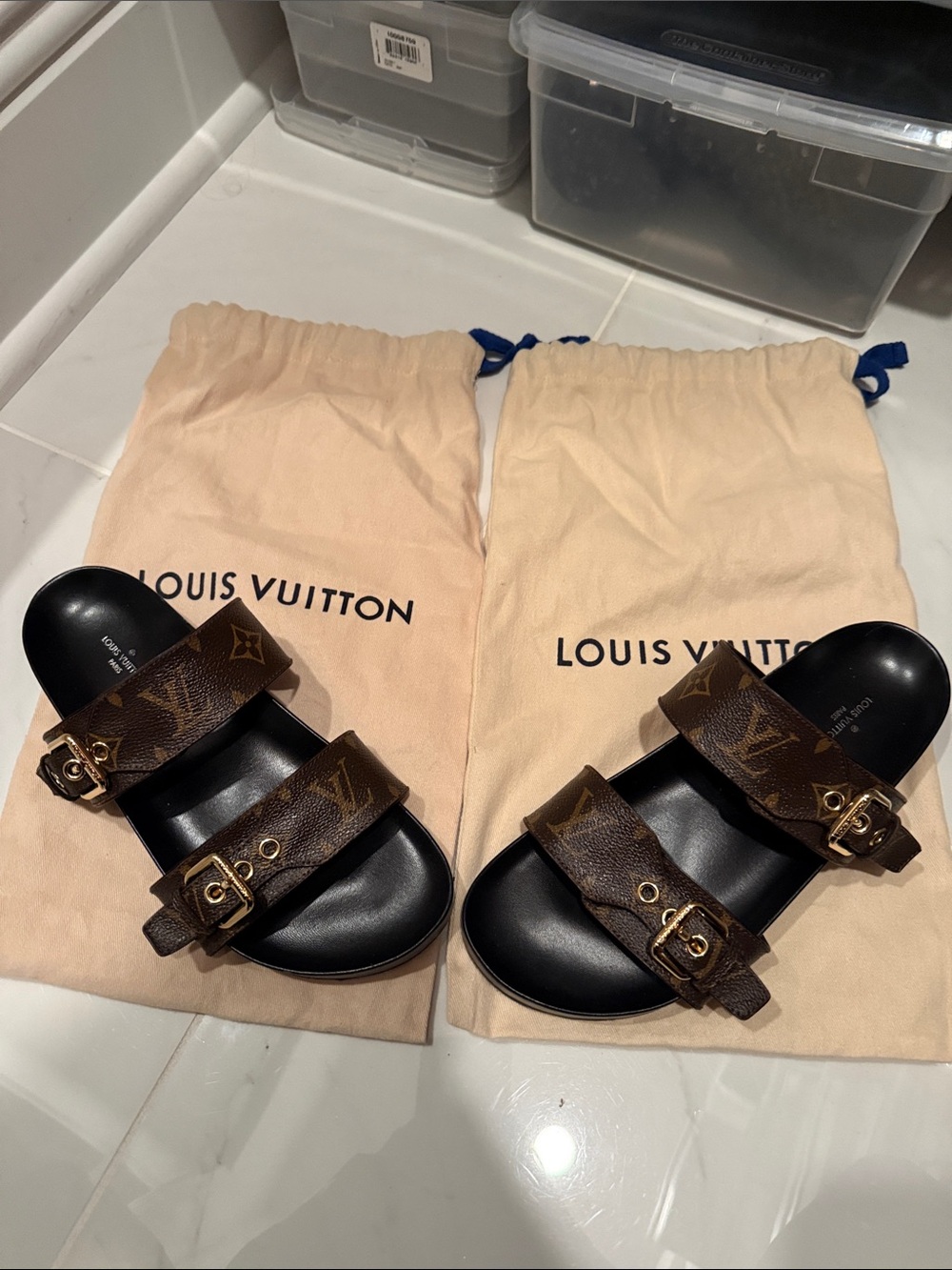 Louis Vuitton Brown Monogram Double-Strap Buckle Slides with Black Footbed